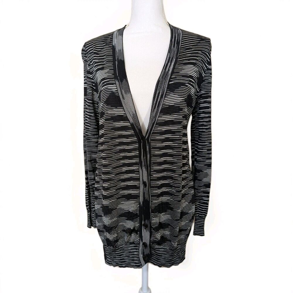M Missoni Cardigan Womens 38 Black White Stripe Sheer Knit Button Front Italy